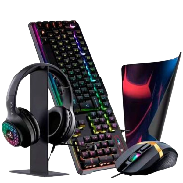 Kit Gamer 5 em 1, Headset RGB, com Suporte + Teclado + Mouse, 3600DPI + MousePad