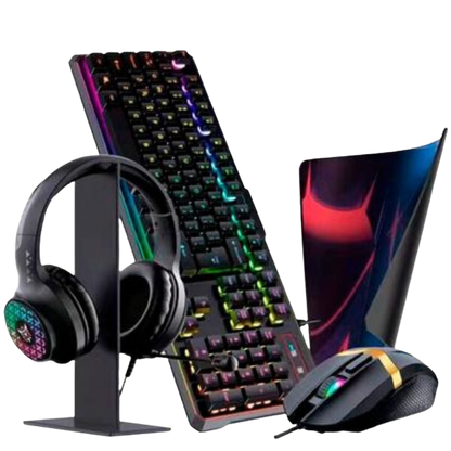 Kit Gamer 5 em 1, Headset RGB, com Suporte + Teclado + Mouse, 3600DPI + MousePad