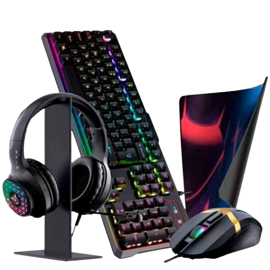 Kit Gamer 5 em 1, Headset RGB, com Suporte + Teclado + Mouse, 3600DPI + MousePad