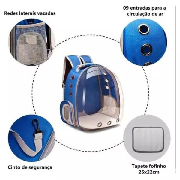 Mochila Pet Transp De Cães E Gatos Visão Panorâmica (AZUL)