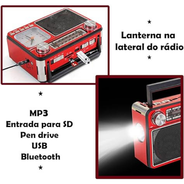 Rádio Am Fm Sw Usb Cartão Sd Mp3 Lanterna Relogio Retrô