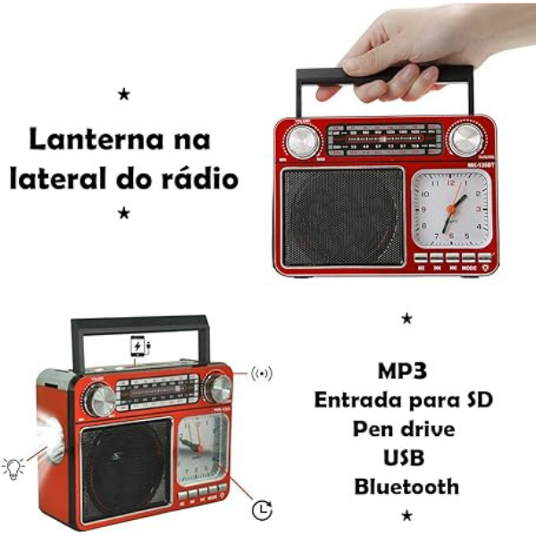 Rádio Am Fm Sw Usb Cartão Sd Mp3 Lanterna Relogio Retrô